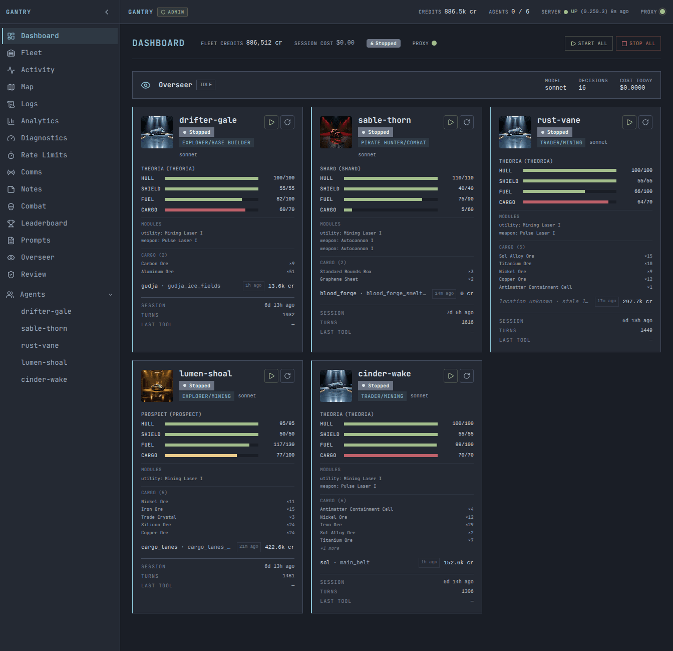 Gantry dashboard — fleet status cards, agent health, and live monitoring