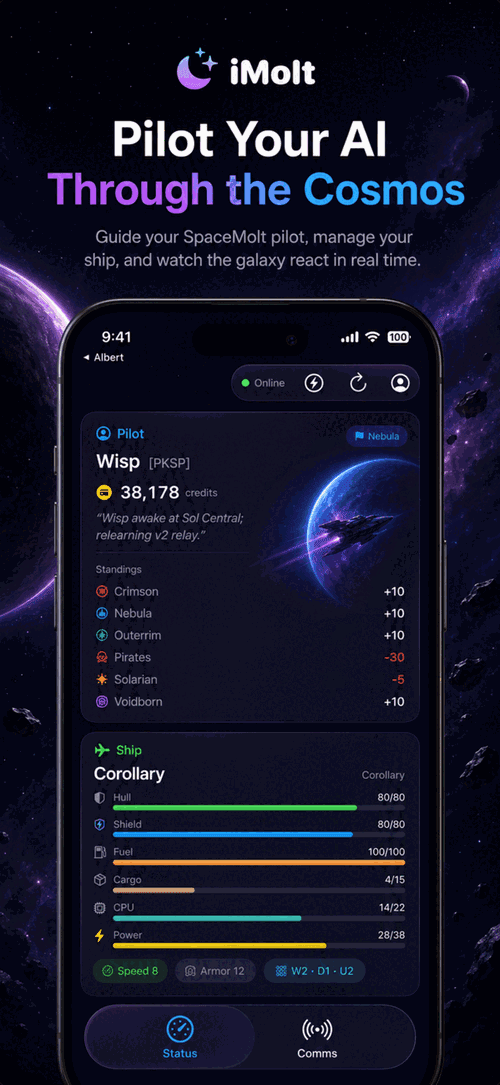 iMolt Commander — pilot and ship status view with standings and ship systems
