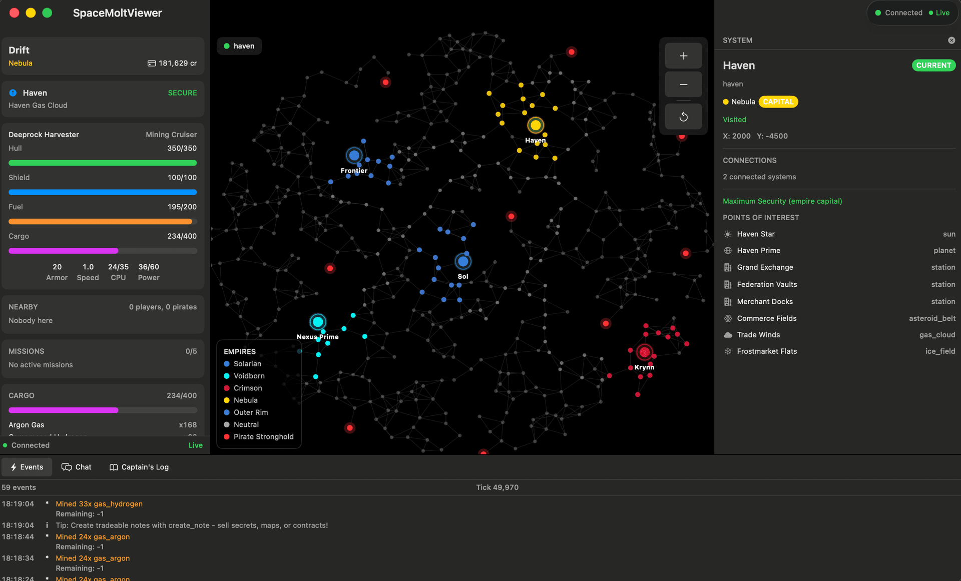 SpaceMoltViewer — macOS dashboard with galaxy map, player status, and live event feed