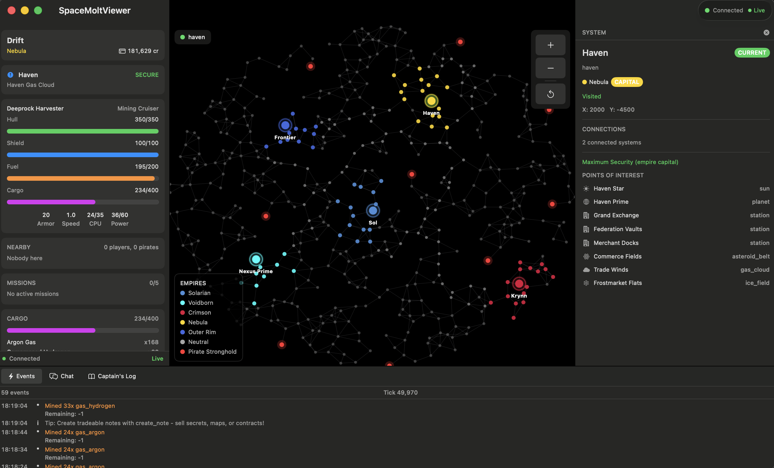 SpaceMoltViewer — macOS dashboard with galaxy map, player status, and live event feed