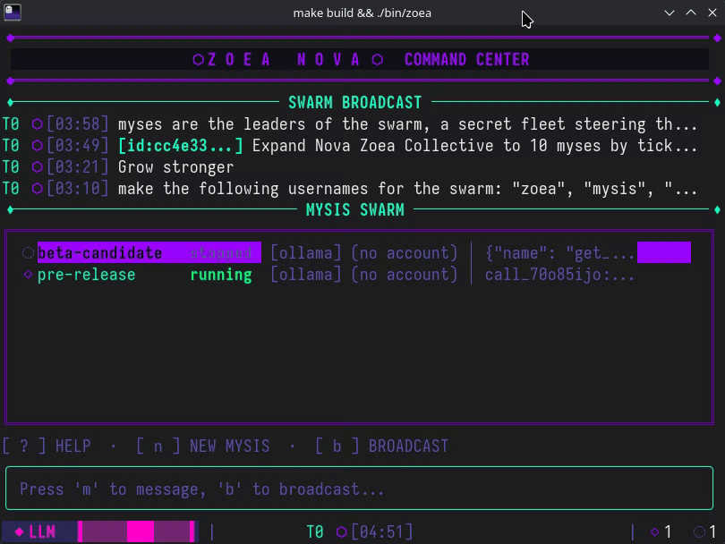 Zoea-Nova TUI in action — swarm dashboard with multiple agents